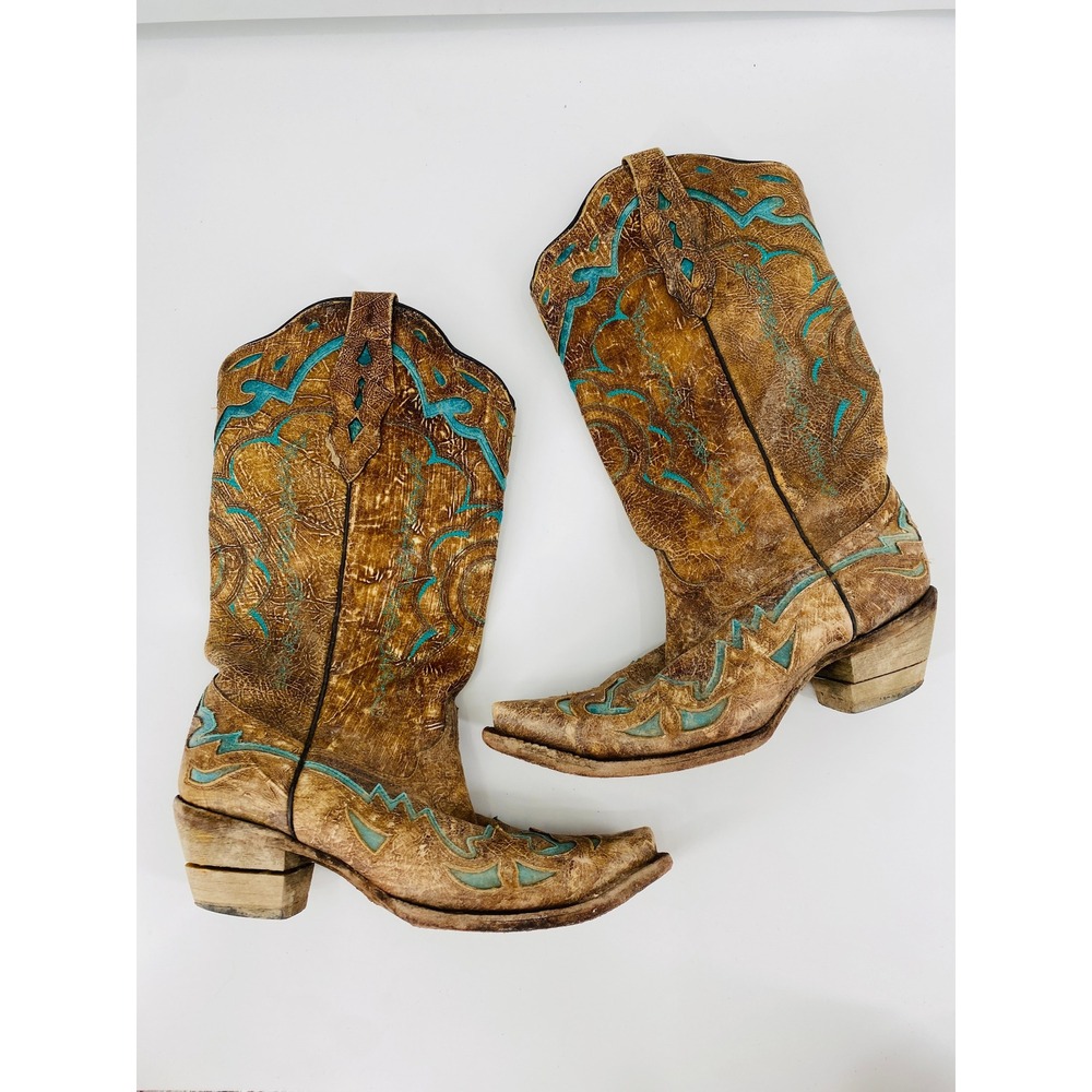Corral Cowboy Boots Women 9 Brown Turquoise Inlay Distressed Leather A8015